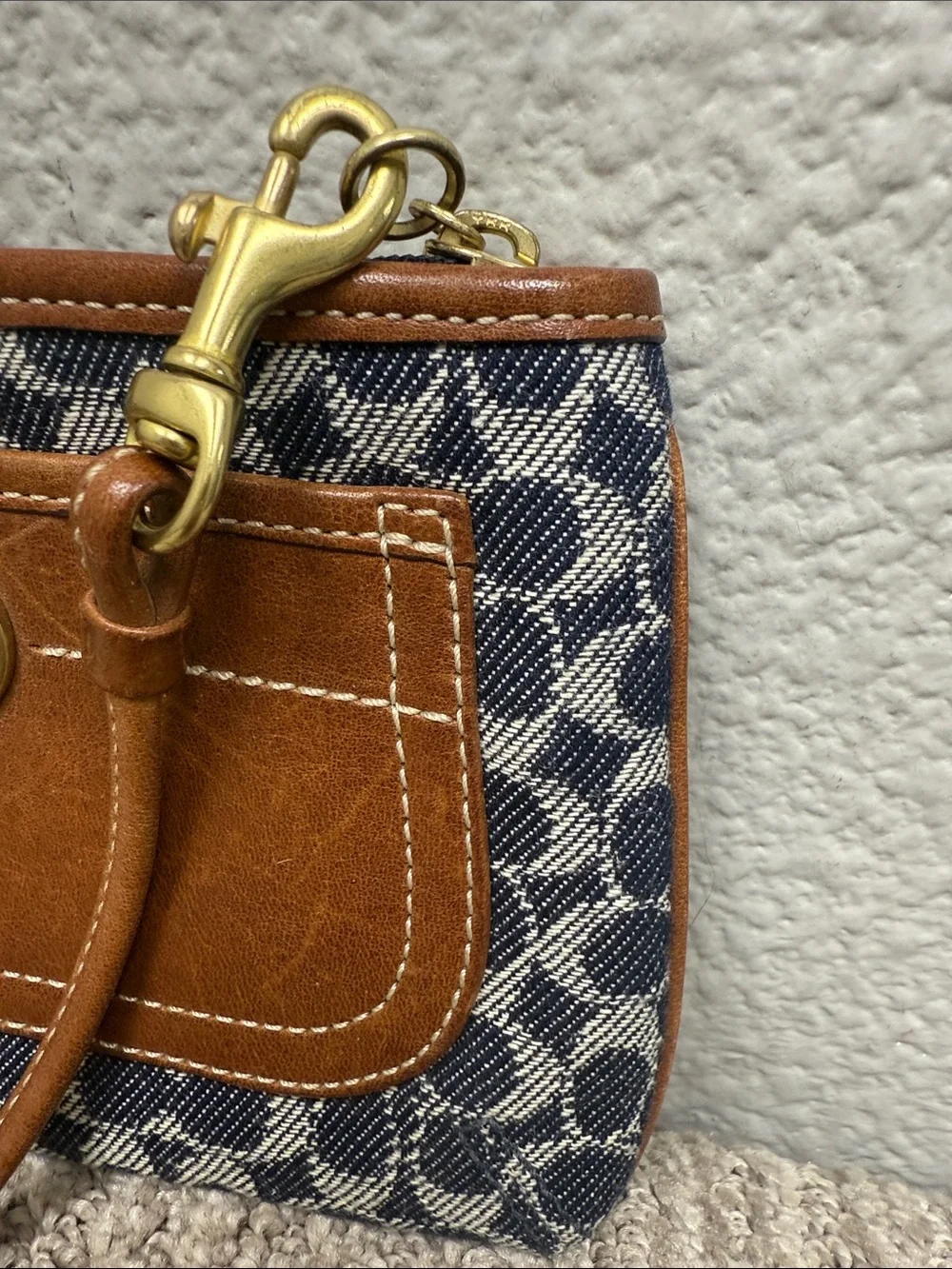 Vintage Coach Signature Blue Bleeker Tattersall and Brown Leather Wristlet